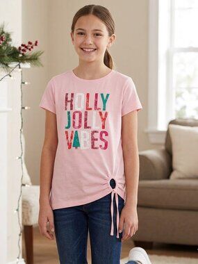 NEW Evsie Holly Jolly Vibes Short Sleeve Christmas Graphic Tee Shirt Top Tee XS